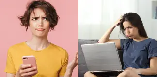 females confused looking at laptop and holding phone