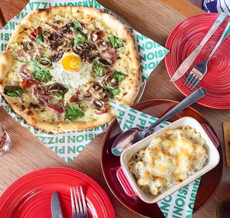 "Carbonara" pizza and "Truffle Mac & Cheese" from Pizza Mansion